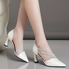 Women's Rhinestone Chunky Heel Pointed Pumps