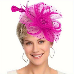 Pink Floral Fascinators Hat & Hair Ties Mesh Feather Hair Clips for Women
