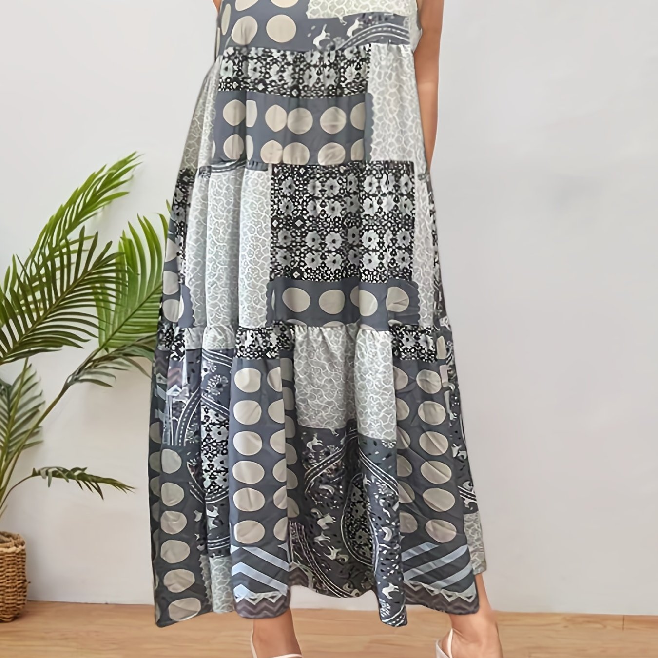 Colorblock Dot & Floral Print Cami Dress
