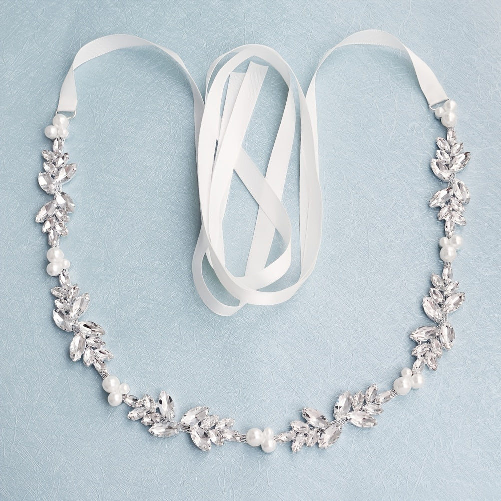 Bridal Pearl Waist Chain Belt with Rhinestone Floral and Faux Pearls
