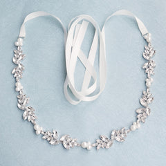 Bridal Pearl Waist Chain Belt with Rhinestone Floral and Faux Pearls