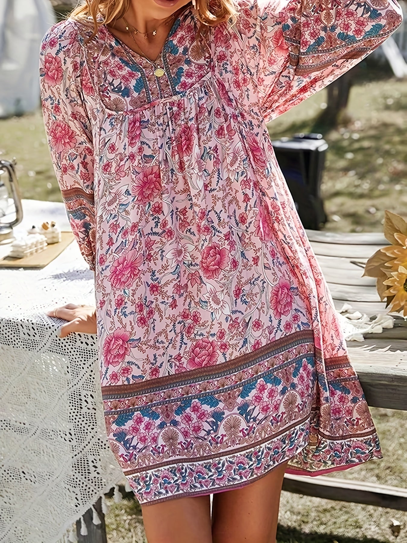 Floral Print Tie Neck Long Sleeve Dress