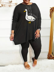 Pajama Set Women's Plus Goose & Letter Print Tee & Leggings