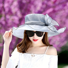 Gray Organza Flower Derby Hat Mesh Sun Hat Women Travel Beach Wedding Bridal Chu