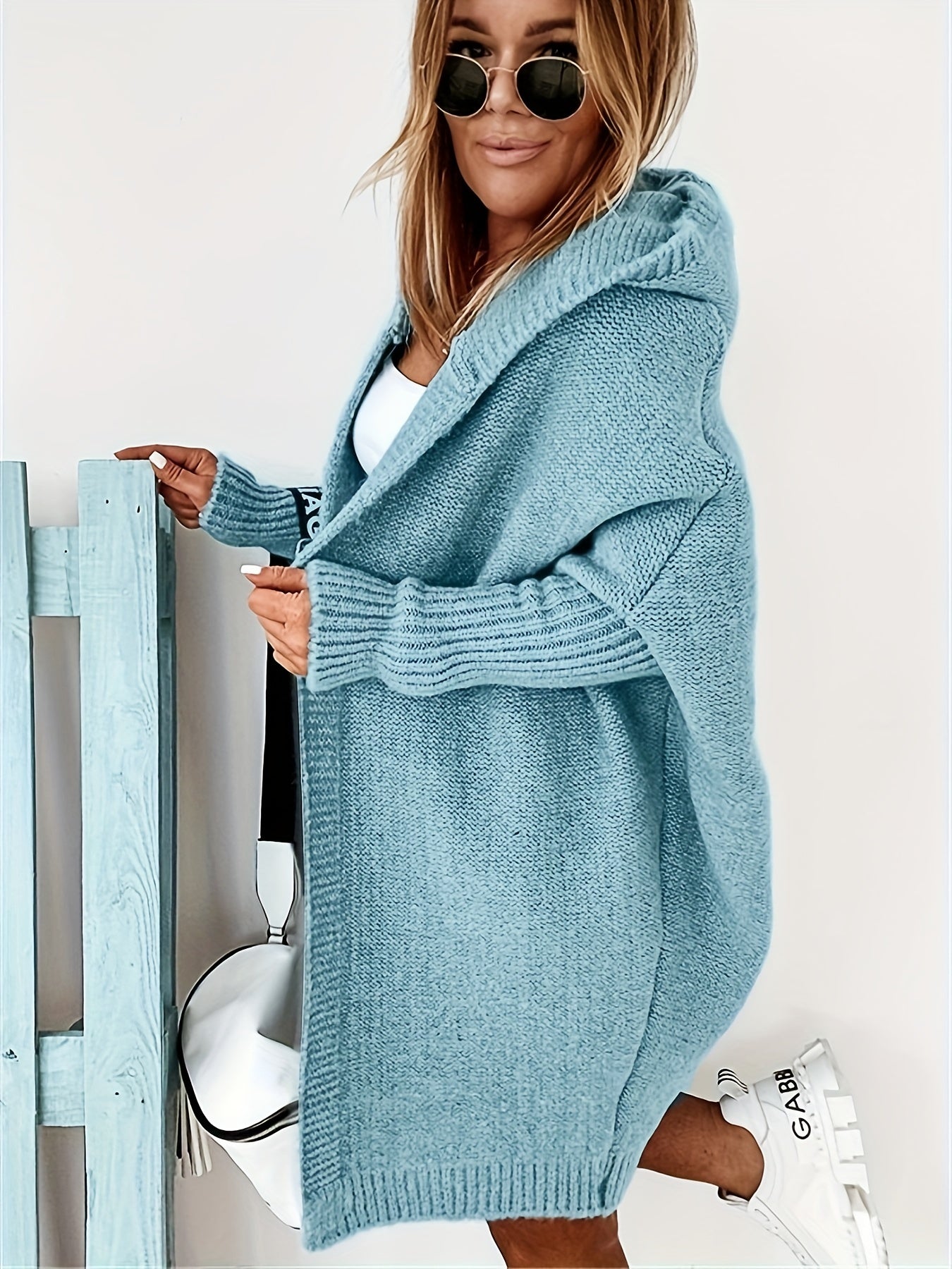 Open Front Hooded Cardigan Batwing Sleeve Mid Length Sweater