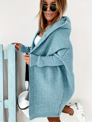 Open Front Hooded Cardigan Batwing Sleeve Mid Length Sweater