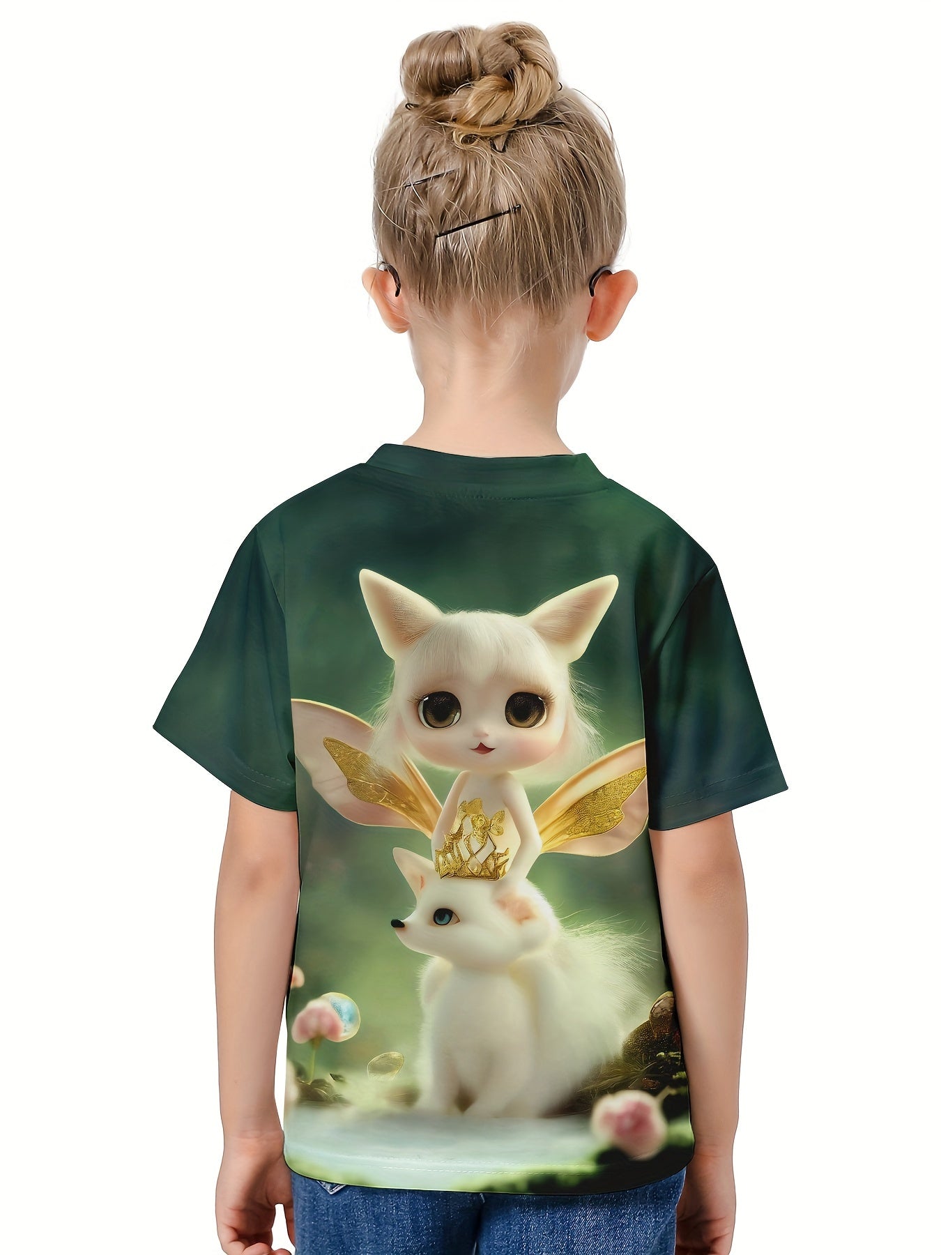 Girls 3D Cartoon Fox Wings Graphic Short Sleeve T-shirt Top For Summer Sports