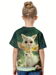 Girls 3D Cartoon Fox Wings Graphic Short Sleeve T-shirt Top For Summer Sports