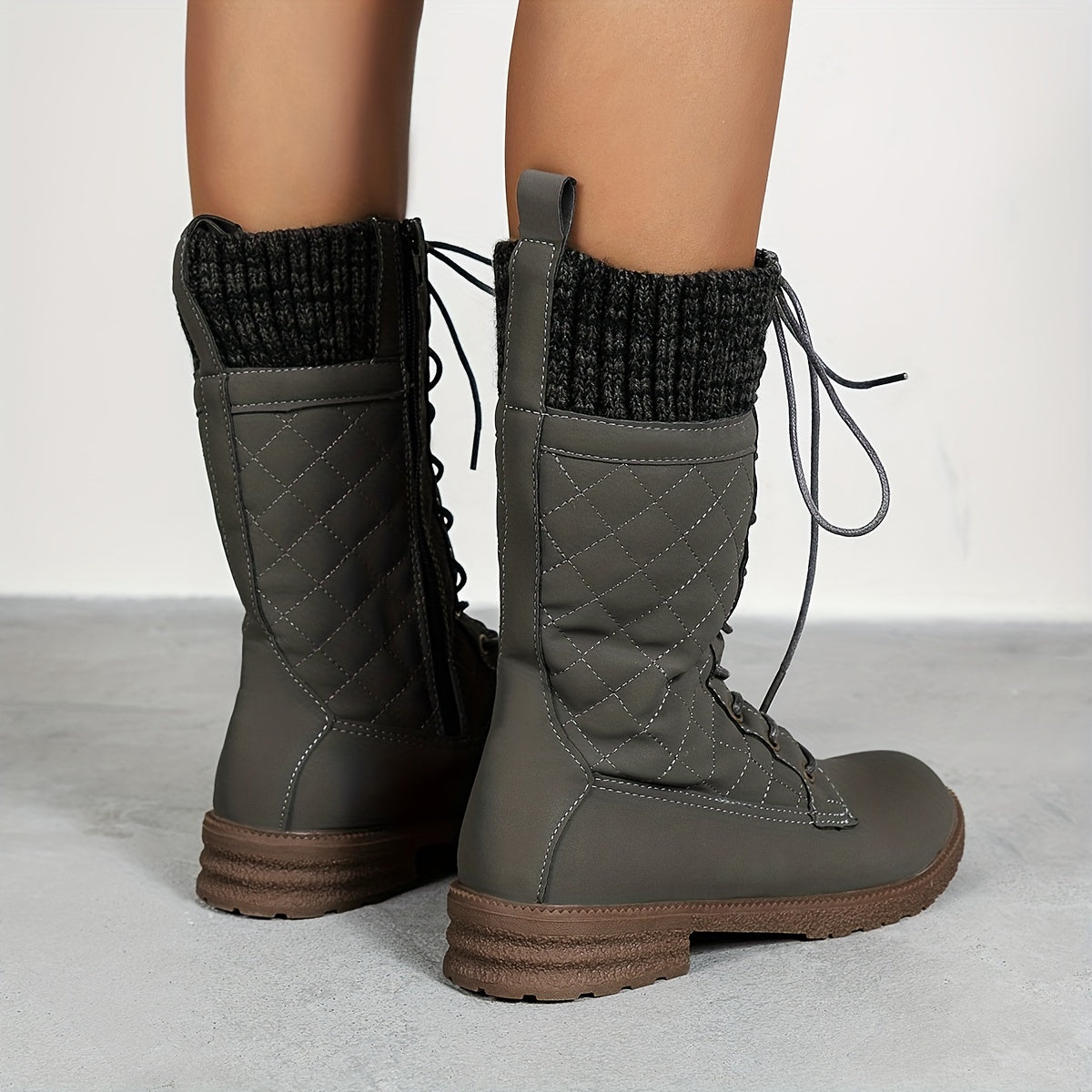 Women's Quilted Mid Calf Boots Lace Up & Side Zipper Round Toe Shoes