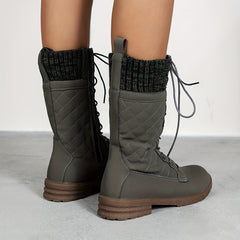 Women's Quilted Mid Calf Boots Lace Up & Side Zipper Round Toe Shoes