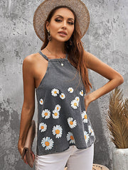 Daisy Floral Print Denim Tank Tops Sleeveless High Round Neck Casual Denim Tops