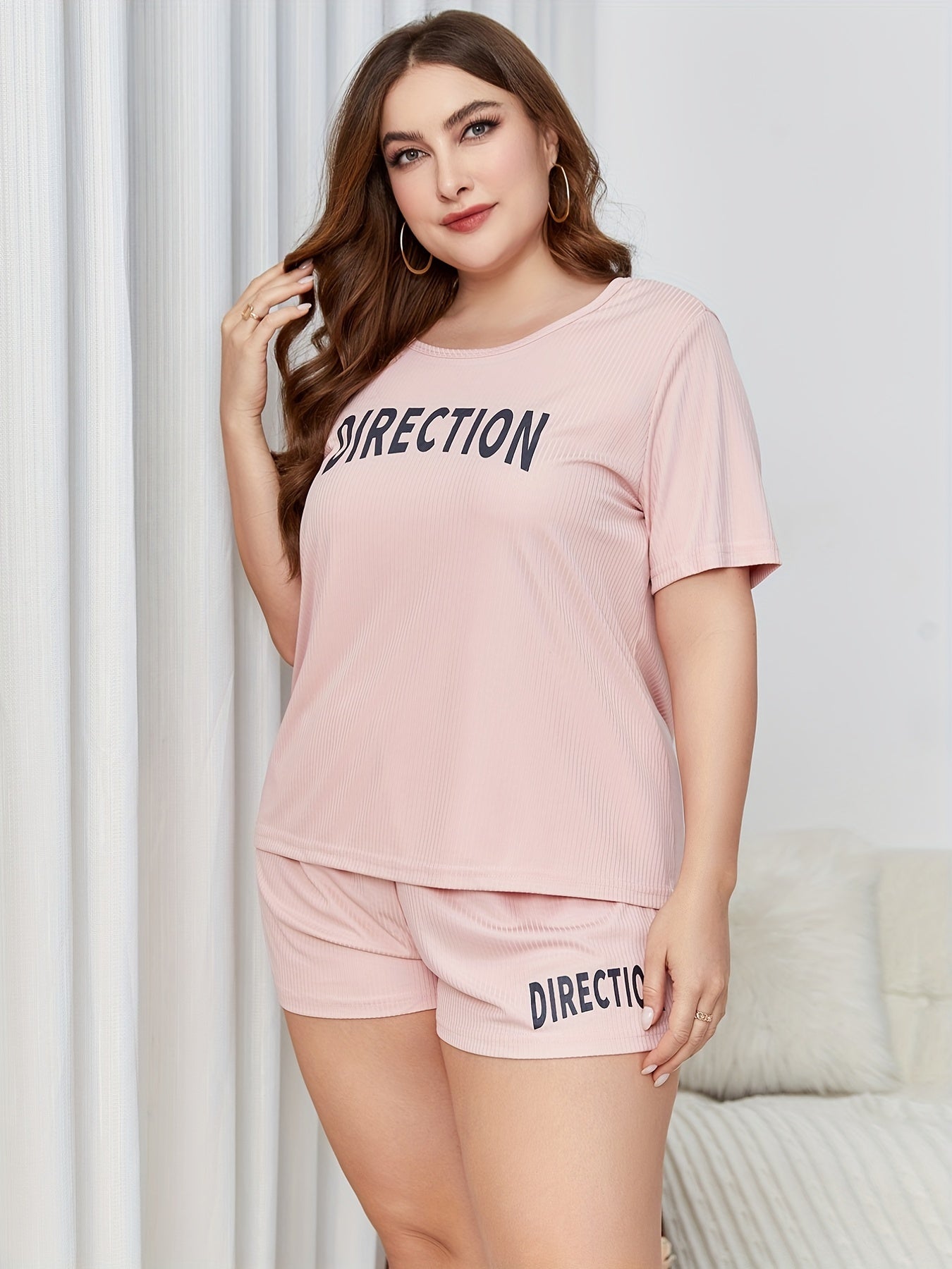 Letter Print Pajama Set Ribbed Short Sleeve Top & Shorts Two Piece