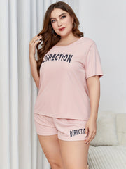 Letter Print Pajama Set Ribbed Short Sleeve Top & Shorts Two Piece
