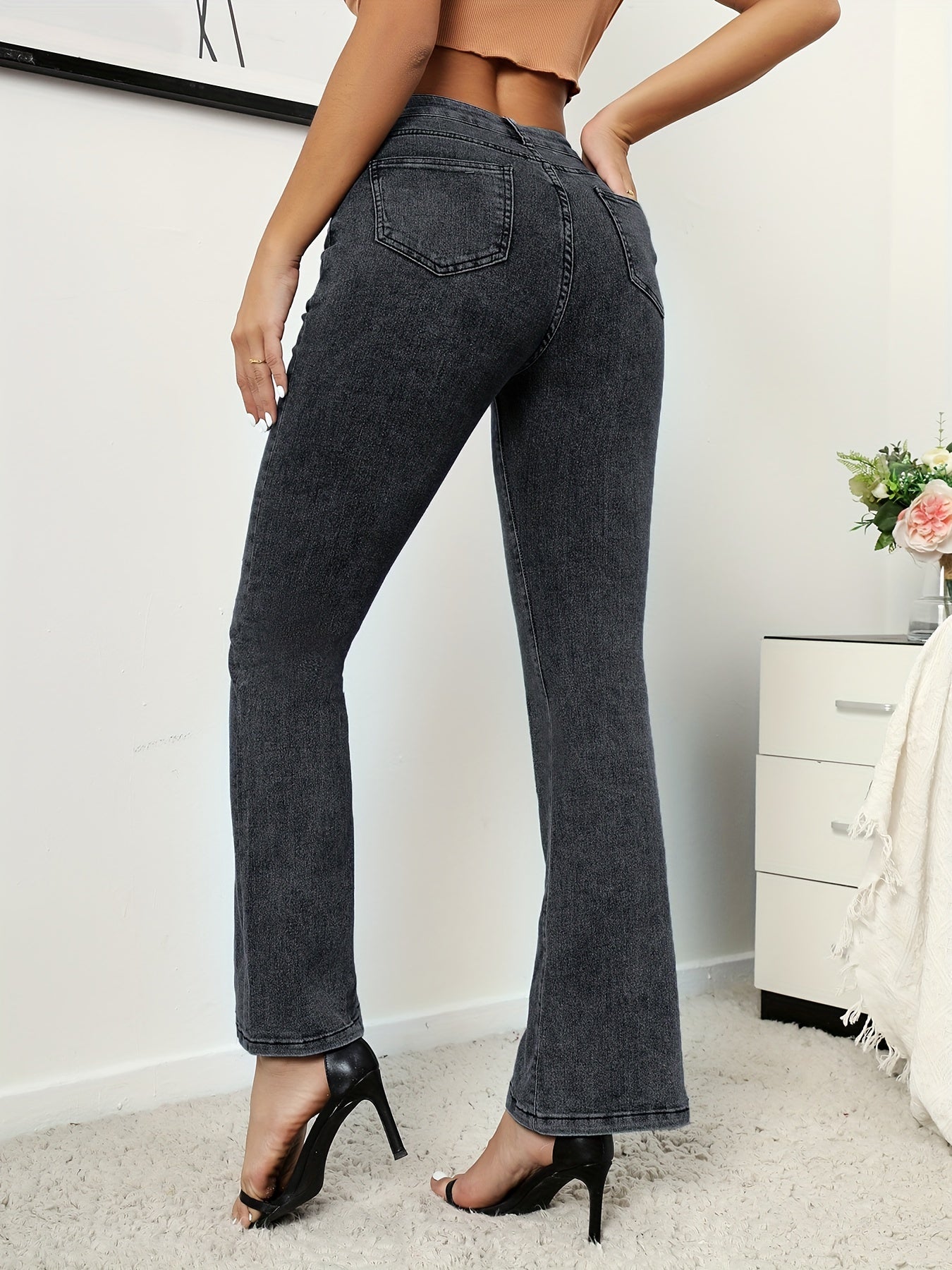 Dark Grey Flare Jeans Bell Bottom Wide Leg Ripped Denim