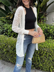 Hollow Out Knit Cardigan Open Front Long Sleeve Women's Clothing