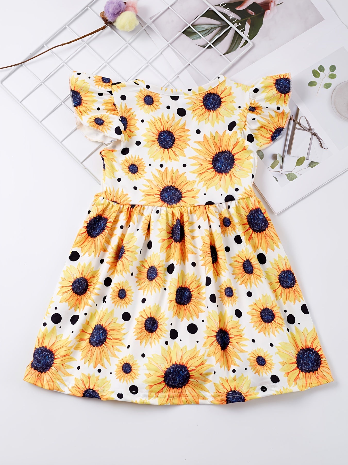 Girls Sunflower Graphic Dress Ruffled Sleeves for Party