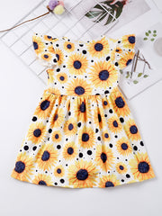 Girls Sunflower Graphic Dress Ruffled Sleeves for Party