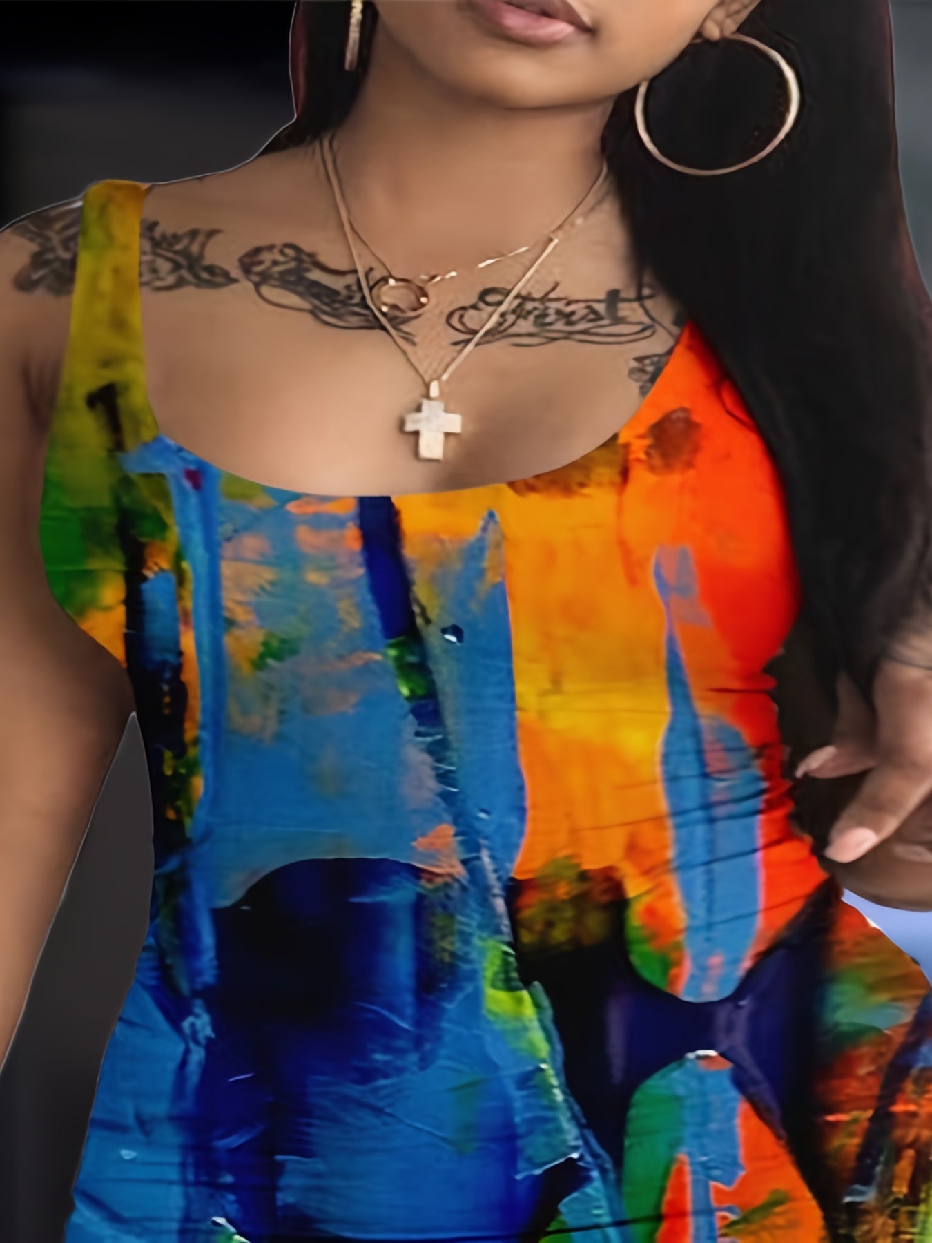 Casual Tank Dress Women's Painting Print Square Neck Slim Fit Dress