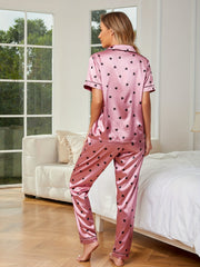 Heart Print Pajama Set Short Sleeve Top & Pants Women's Sleepwear