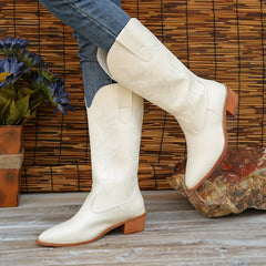 Women's Block Heel Mid Calf Boots Retro Embroidery Pointed Toe Cowgirl Boots
