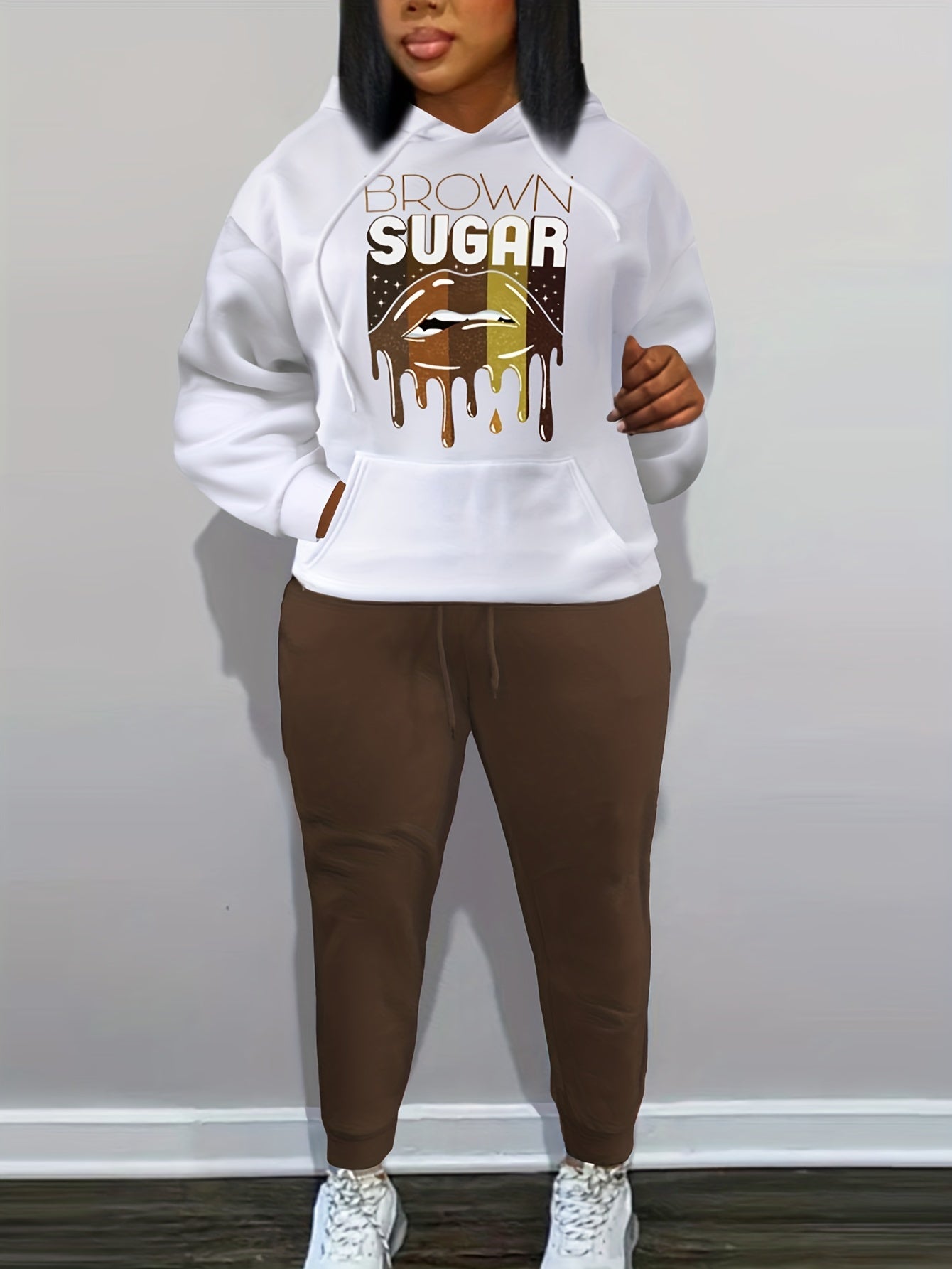 Women's Plus Abstract Lip & Letter Print Hooded Sweatshirt