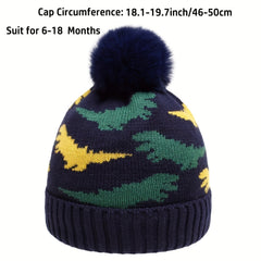 Kids Winter Knit Fleece-Lined Hat With Dinosaur Embroidery