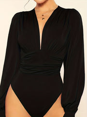 Ruffled V Neck Long Sleeve Bodysuit Women's Clothing