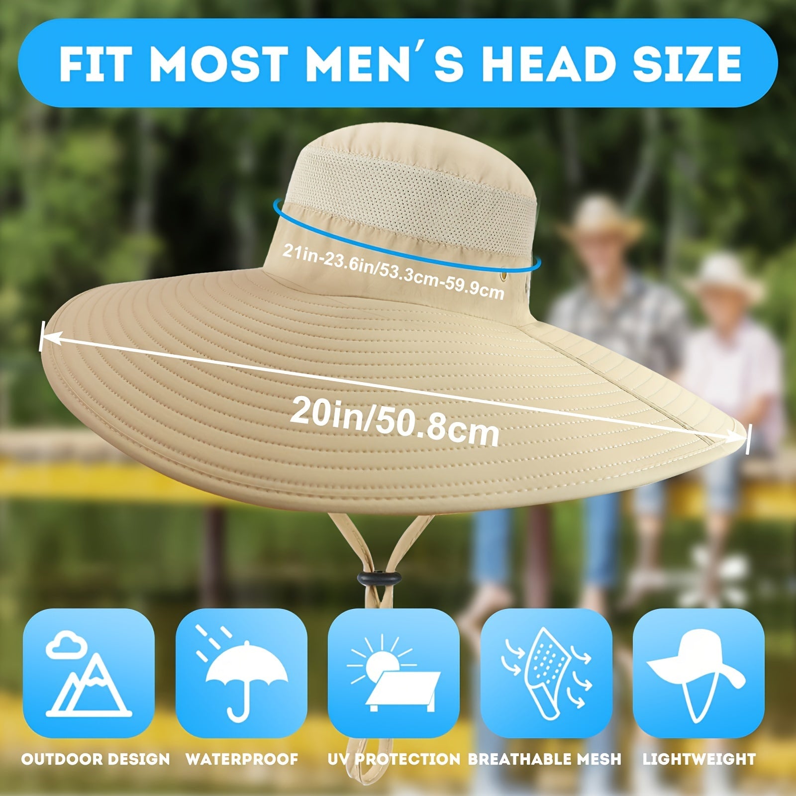UPF50 Wide Brim Men's Sun Hat Waterproof Bucket Hat