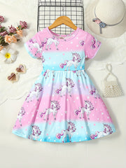 Girls Unicorn Dress Gradient A-line Short Sleeve T-Shirt Dress