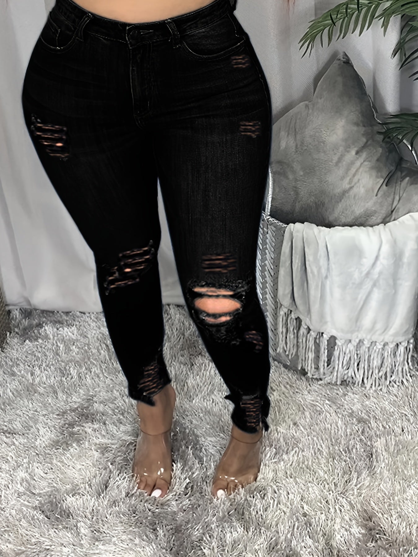 High Waist Ripped Leggings Stretchy Denim Jeans