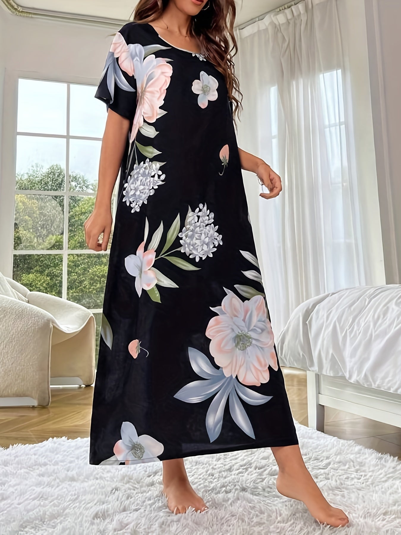 Floral Print Lounge Dress Short Sleeve Home Dress Women's Loungewear