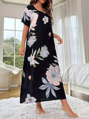 Floral Print Lounge Dress Short Sleeve Home Dress Women's Loungewear