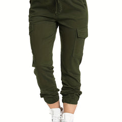 Y2K Solid Cargo Pants Elastic Waist Long Length With Pockets