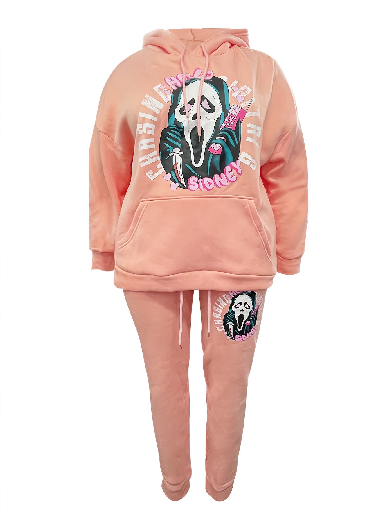 Plus Size Grim Reaper Print Hoodie & Joggers Set