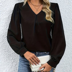 Solid Plicated Detail Long Sleeve V Neck Top