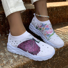 Women's Butterfly & Floral Print Sneakers Rhinestone Decor Knit Shoes
