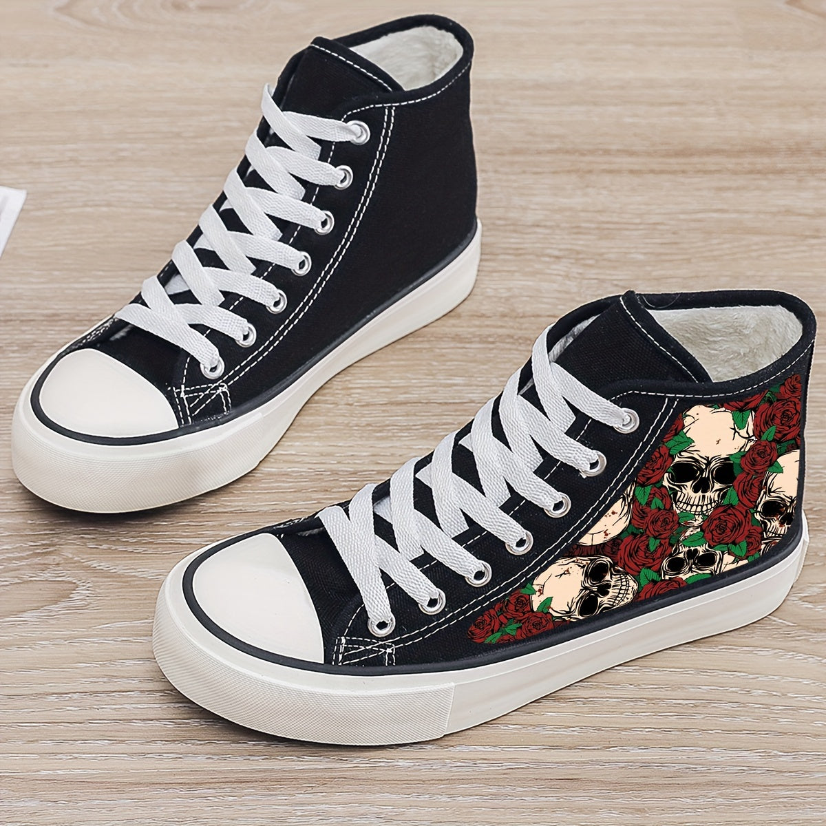 Skull & Rose Print Plush Lined Thermal Chunky Canvas Sneakers