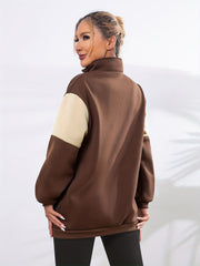 Letter Pattern Block Zip Up Jacket Casual Outerwear