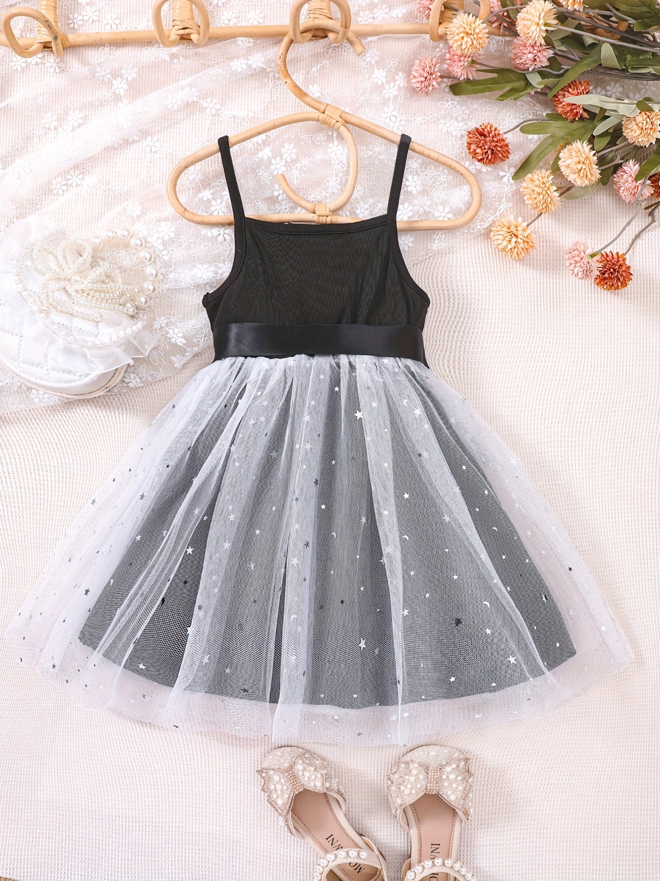 Toddler Girls Stars Mesh Overlay Belted Cami Princess Dress
