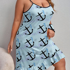 Anchor Print Ruffle Trim Cami Sleep Dress