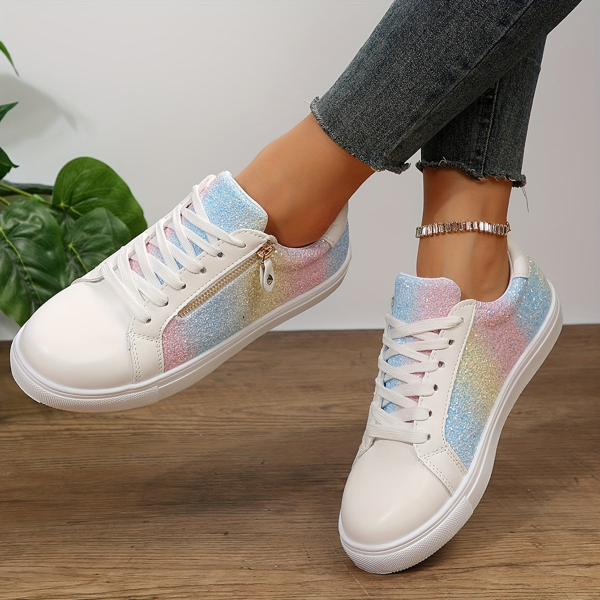 Colorful Faux Leather Skate Shoes Flat Zipper