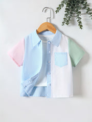 Boys Block Short Sleeves Shirt Preppy Style For Summer Kids Clothes