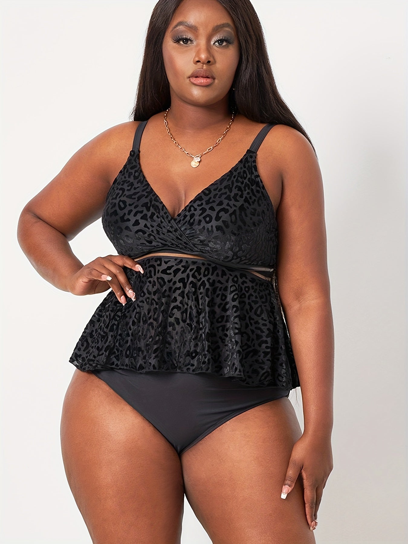 Sexy Tankini Set Leopard Pattern Mesh Peplum Cami Top & Panty Swimsuit