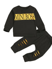 2pcs Boys Casual Set with MINI Print Sweatshirt & Ripped Sweatpants