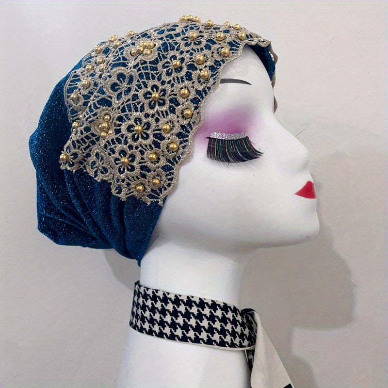 Beaded Lace Mesh Turban Cap - Vintage Head Wrap