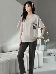 Bunny Print Lounge Set Short Sleeve Crew Neck Top & Pants