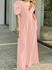 Sexy Plunging Neck Jumpsuit Ruched Short Sleeve Women's Clothing