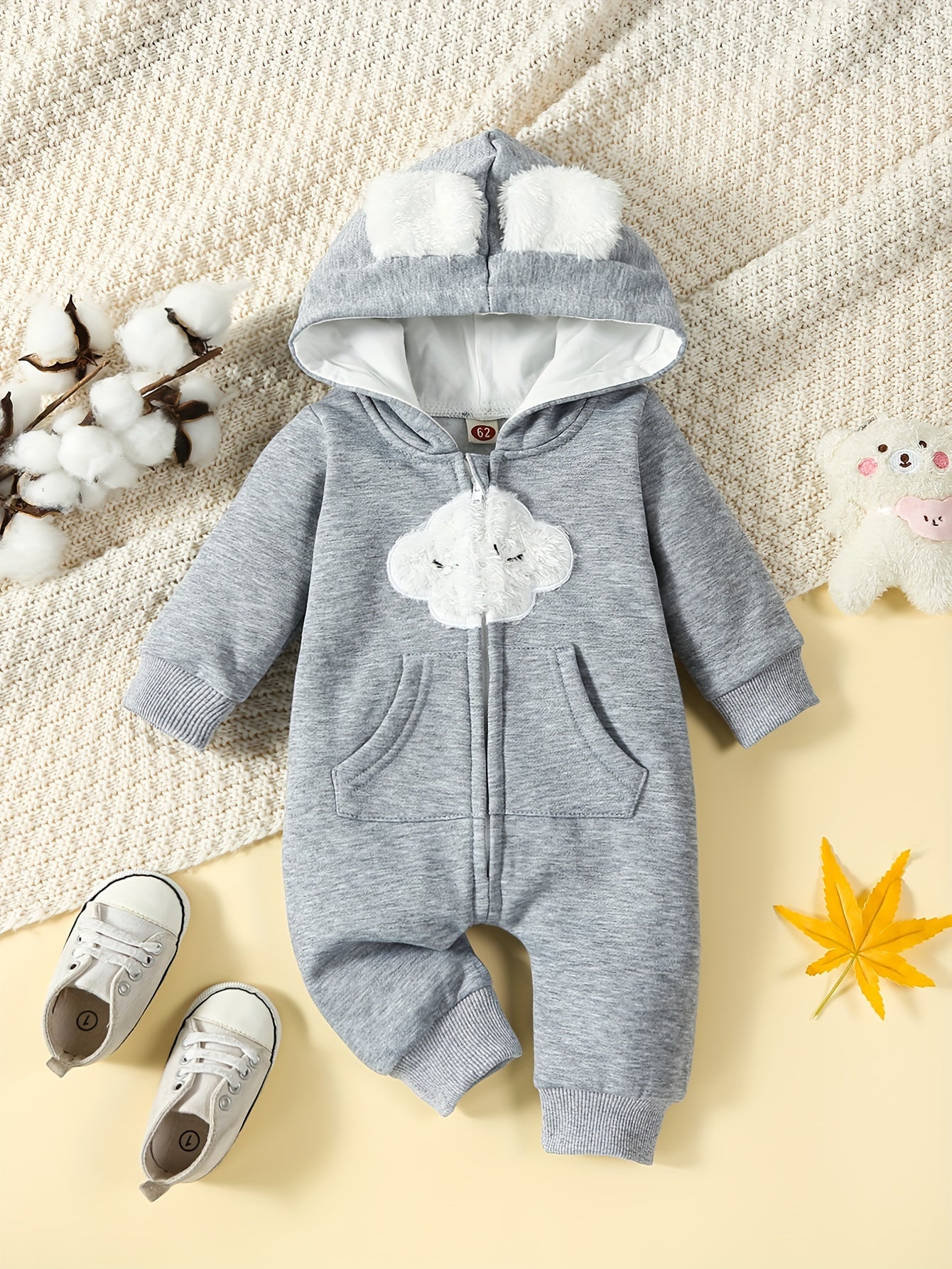 Toddler Cloud Print Jumpsuit With Ears Thermal Bodysuit