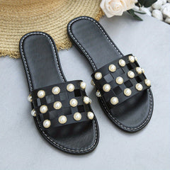 Pearl Decor Slides Hollow Out Sandals Summer Flat Shoes