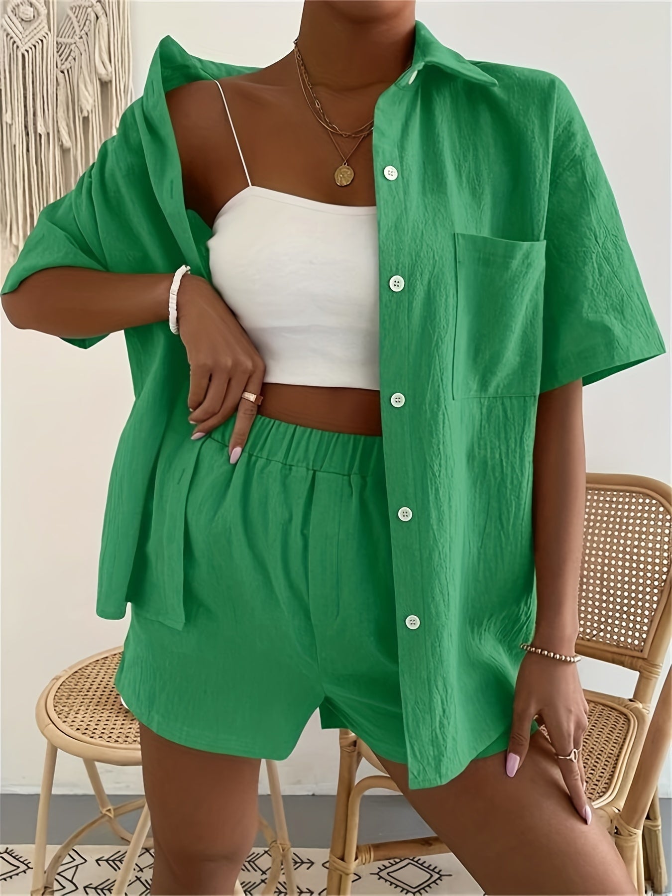 Solid Casual Two-piece Set Button Front Shirt & Shorts